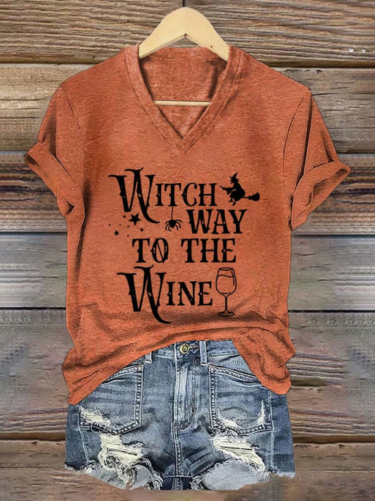 Women's Wicth Way To The Wine Print V-Neck T-Shirt