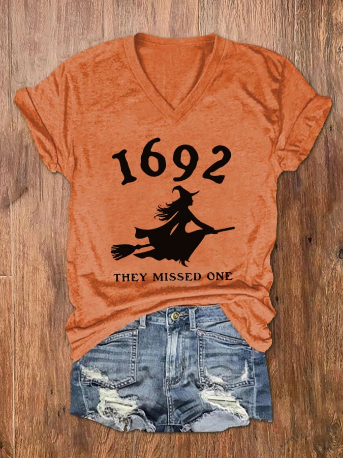 Women's 1692 Witch They Missed One Print V-Neck T-Shirt