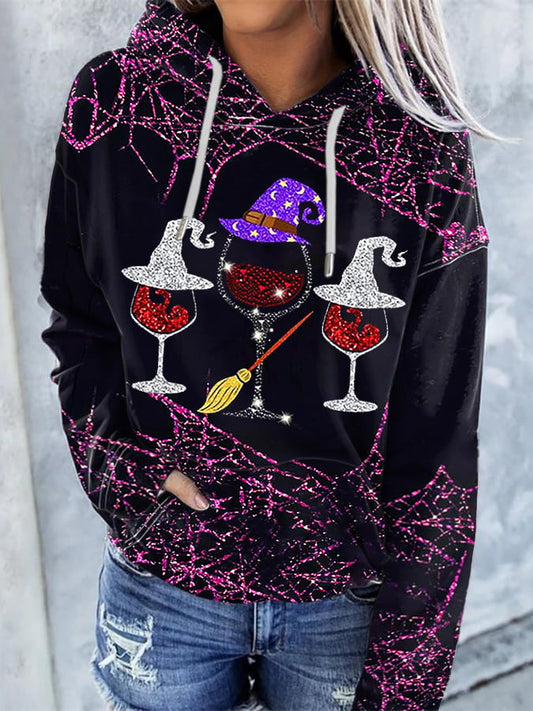 Women'S Casual Halloween Wine Glass Printed Hooded Long-Sleeve Sweatshirt