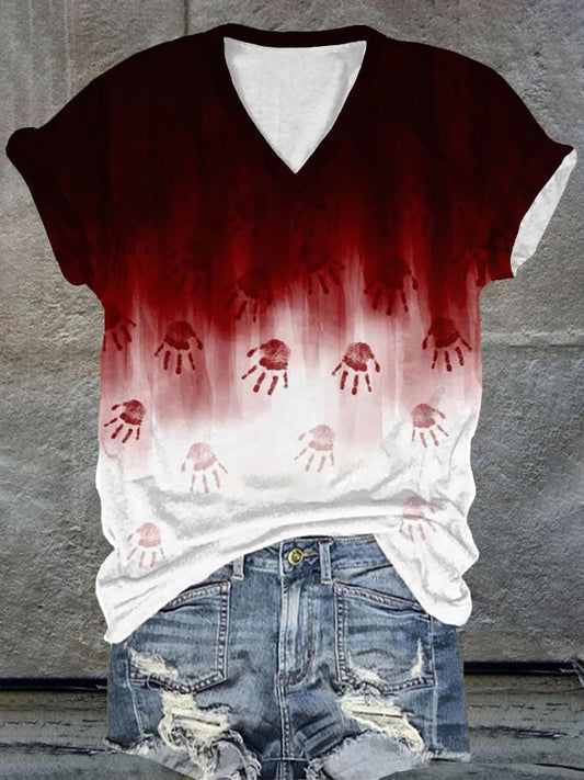 Women's Bloodstain Print V-Neck T-Shirt