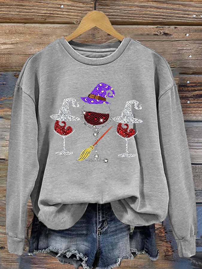 Women's Casual Halloween Wine Glass Print Long Sleeve Sweatshirt