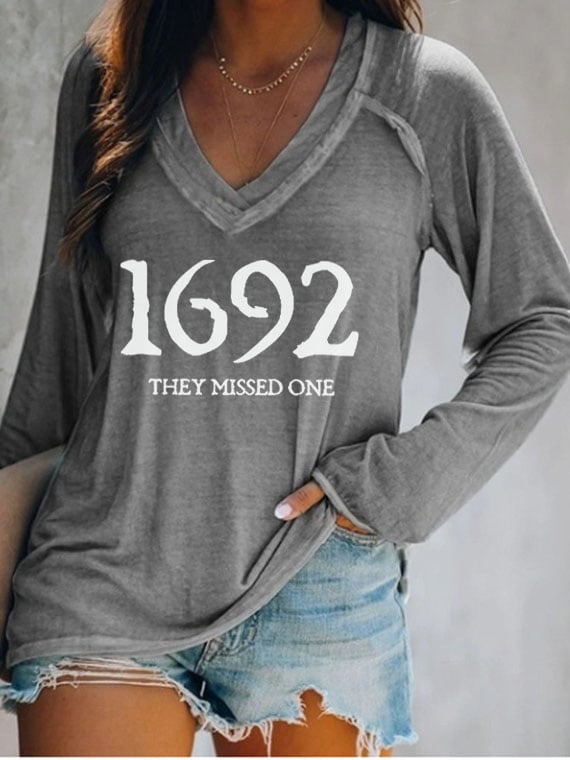 Women's 1692 They Missed One Salem Witch Casual V-Neck Long-Sleeve T-Shirt