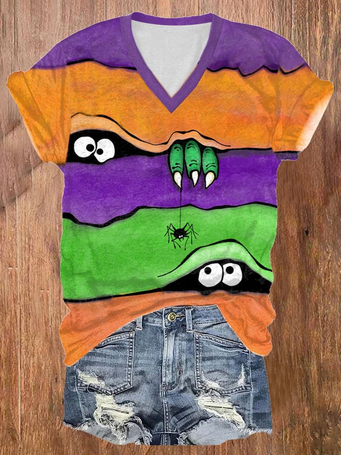 Women's Casual Halloween Peek Monster Print Short Sleeve T-Shirt
