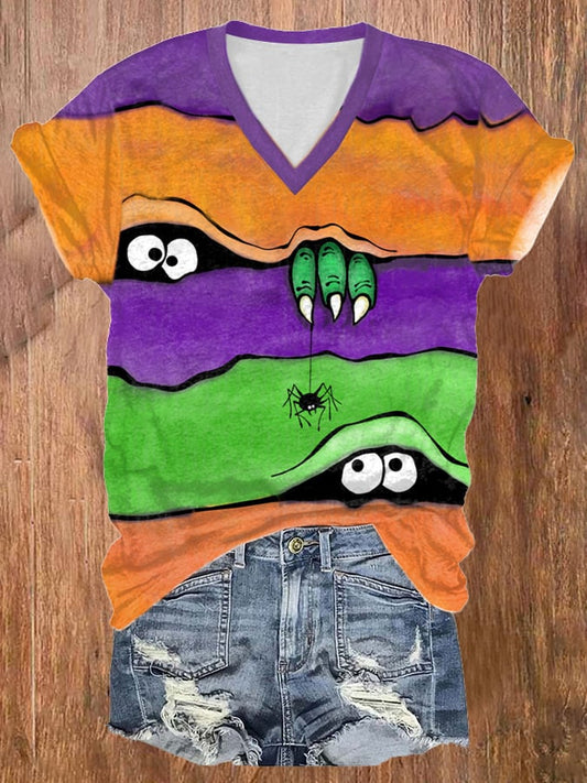Women's Casual Halloween Peek Monster Print Short Sleeve T-Shirt
