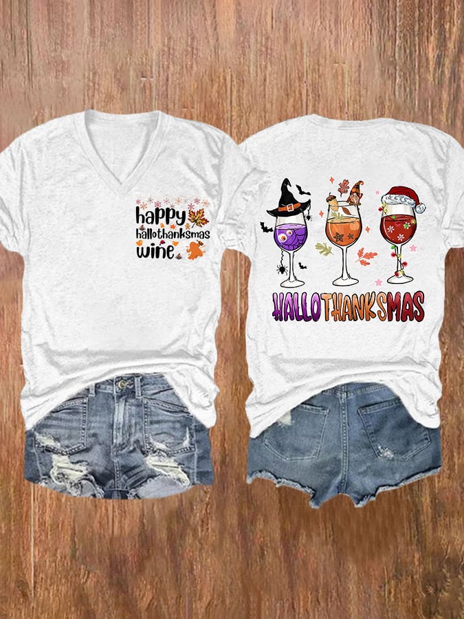 V-neck Happy Hallothanksmas Wine Glasses Witch Santa Pumpkin Double Sided T-Shirt