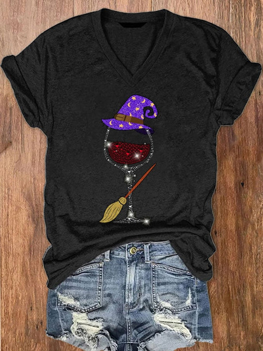 Women's Halloween Red Wine Glass Printed Crew Neck T-Shirt