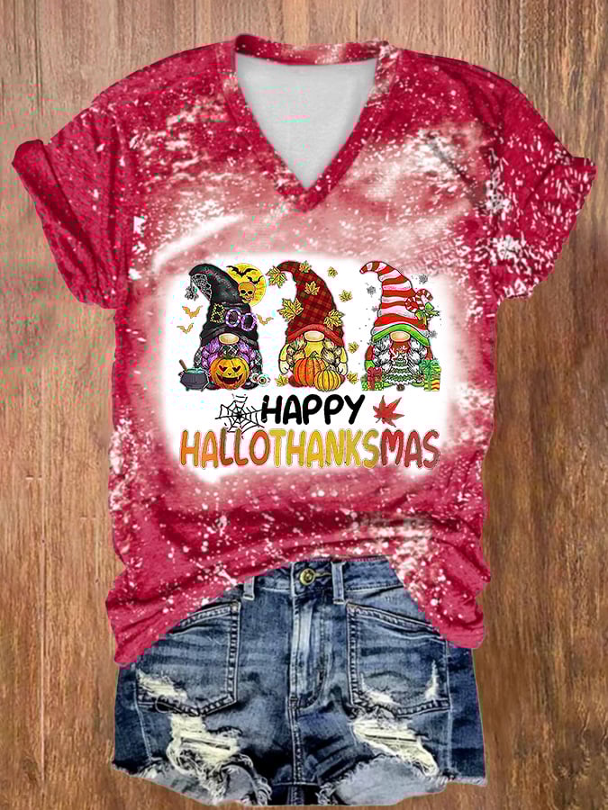 V-neck Tie Dye Happy Hallothanksmas Gnomes Print T-Shirt