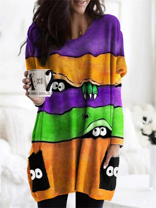 Fashion Pocket Halloween Peek Monster Print Long Sleeve Top