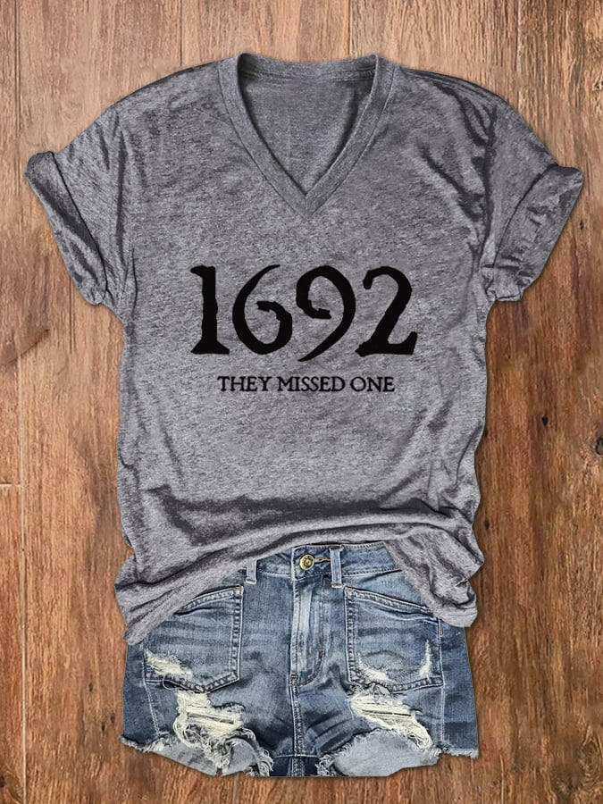 Women's 1692 They Missed One Salem Witch Print V-Neck T-Shirt