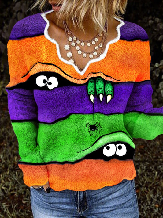 Women's  Halloween Peek Monster Print Knitwear
