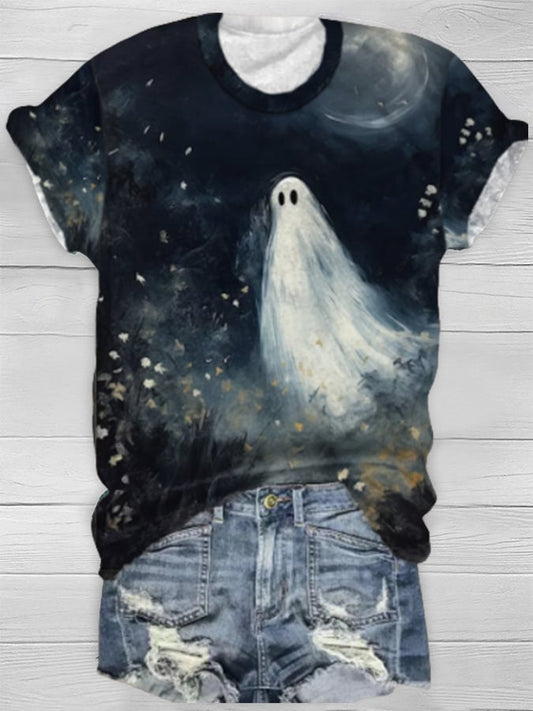 Women's Casual Ghost Art Printed Short Sleeve T-Shirt