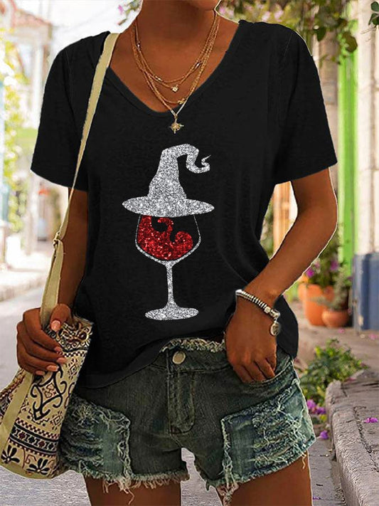 Women's Halloween Red Wine Glass Print Casual T-Shirt