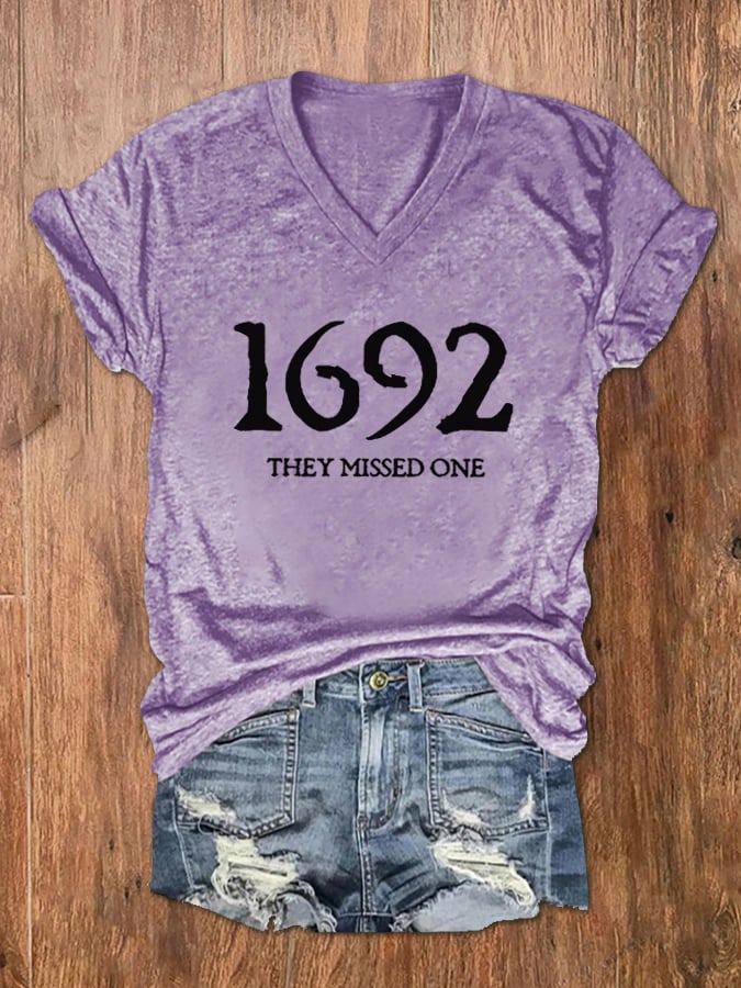 Women's 1692 They Missed One Salem Witch Print V-Neck T-Shirt