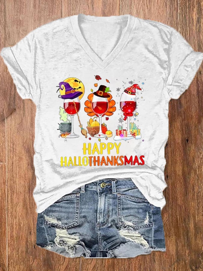 Women's Happy Hallothanksmas Wine Glass Casual V-Neck Tee