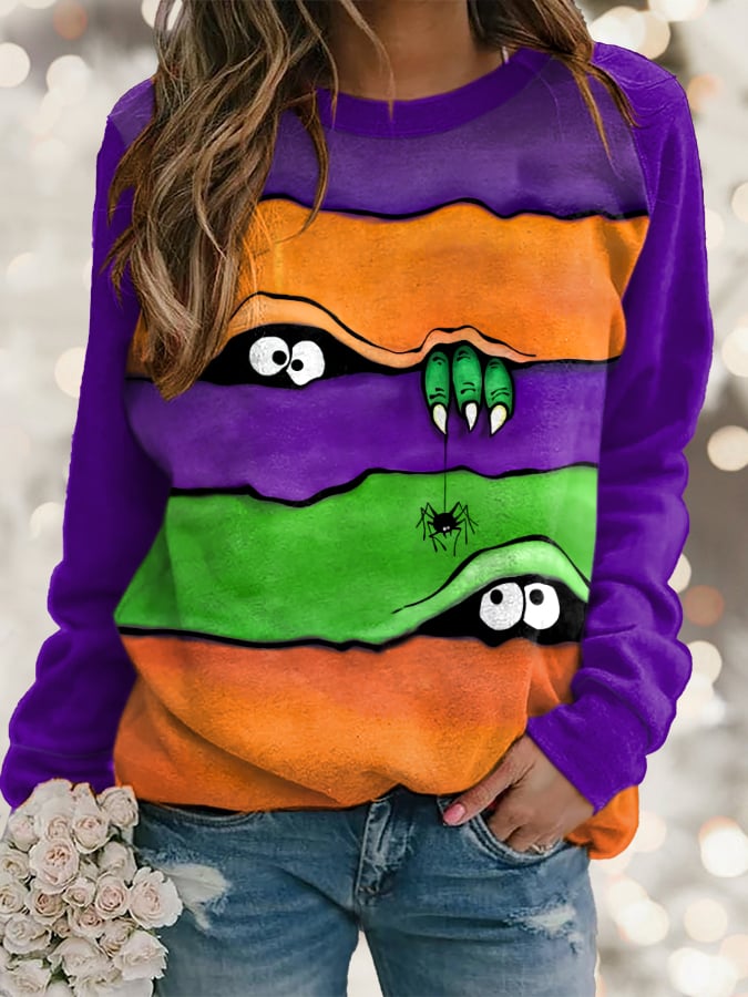 Women's Halloween Peek Monster Print Long Sleeve Sweatshirt
