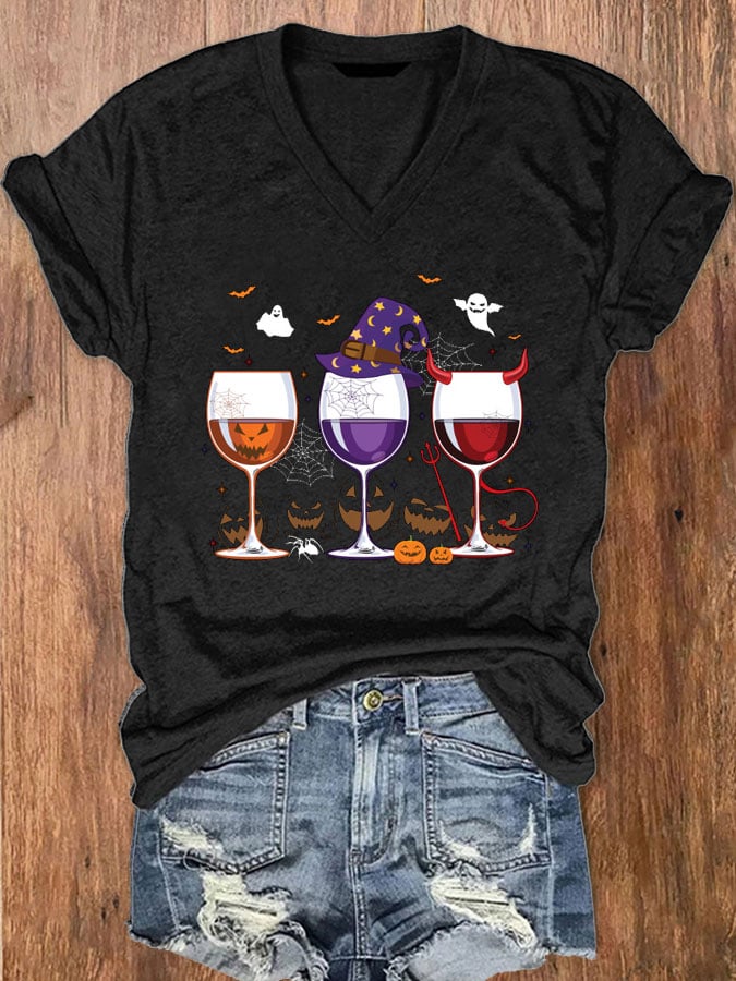 Women's Halloween Red Wine Glass Printed Crew Neck T-Shirt