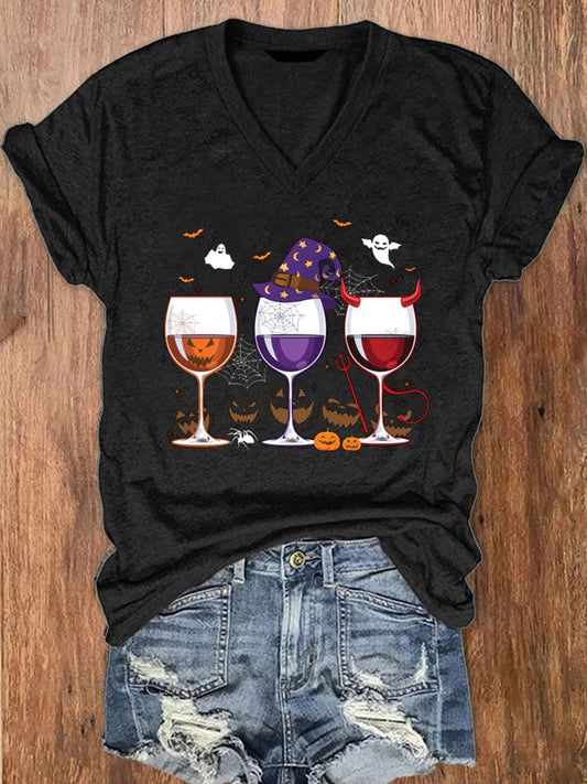 Women's Halloween Red Wine Glass Printed Crew Neck T-Shirt
