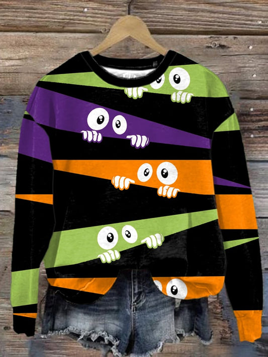 Women's Halloween Peek Monster Print Round Neck Sweatshirt