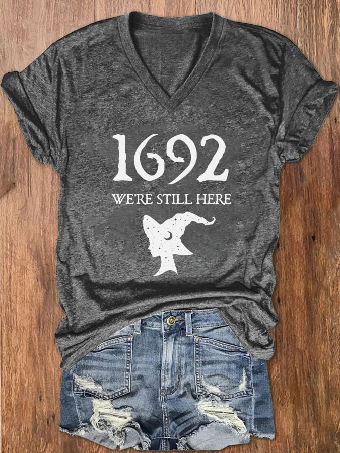 Women's Salem 1692 We're Still Here Print V-Neck T-Shirt