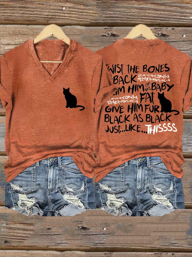 Women's Twist The Bones Black Cat Print V-Neck T-Shirt
