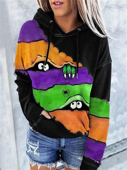 Women's Casual Halloween Peek Monster Print Hoodie