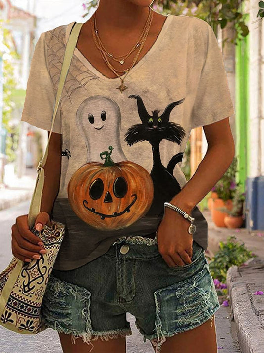 Women's Happy Halloween Ghost Print T-Shirt