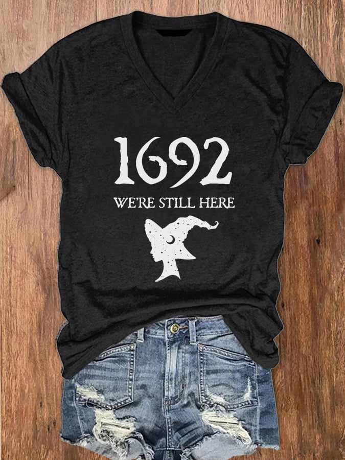 Women's Salem 1692 We're Still Here Print V-Neck T-Shirt