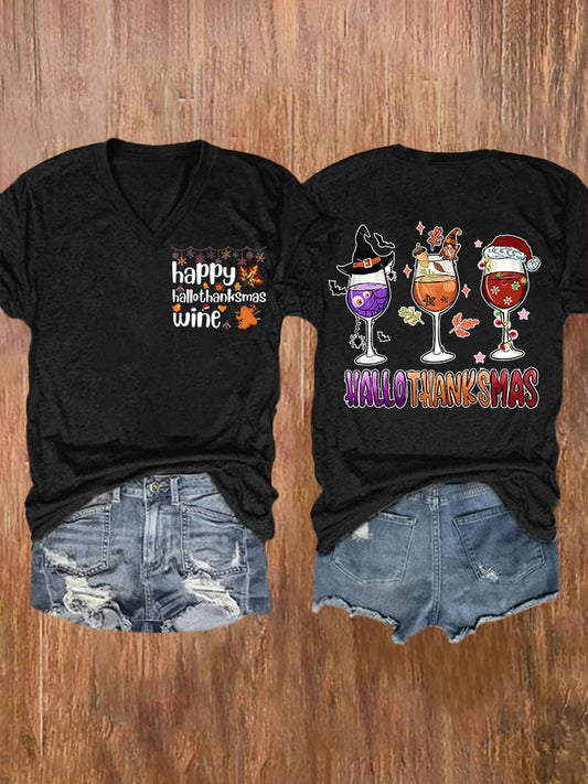 V-neck Happy Hallothanksmas Wine Glasses Witch Santa Pumpkin Double Sided T-Shirt