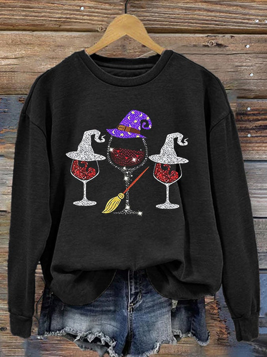 Women's Casual Halloween Wine Glass Print Long Sleeve Sweatshirt