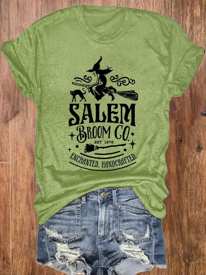 Women's Halloween Salem Broom Company Print O-Neck T-Shirt