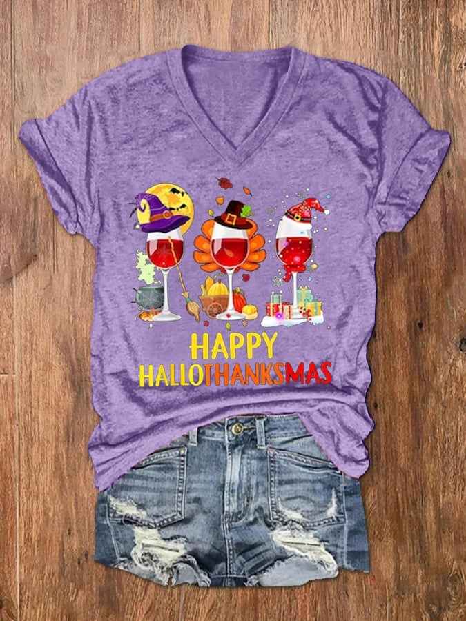 Women's Happy Hallothanksmas Wine Glass Casual V-Neck Tee