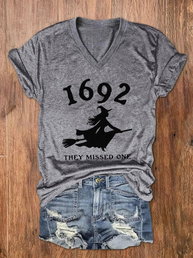 Women's 1692 Witch They Missed One Print V-Neck T-Shirt