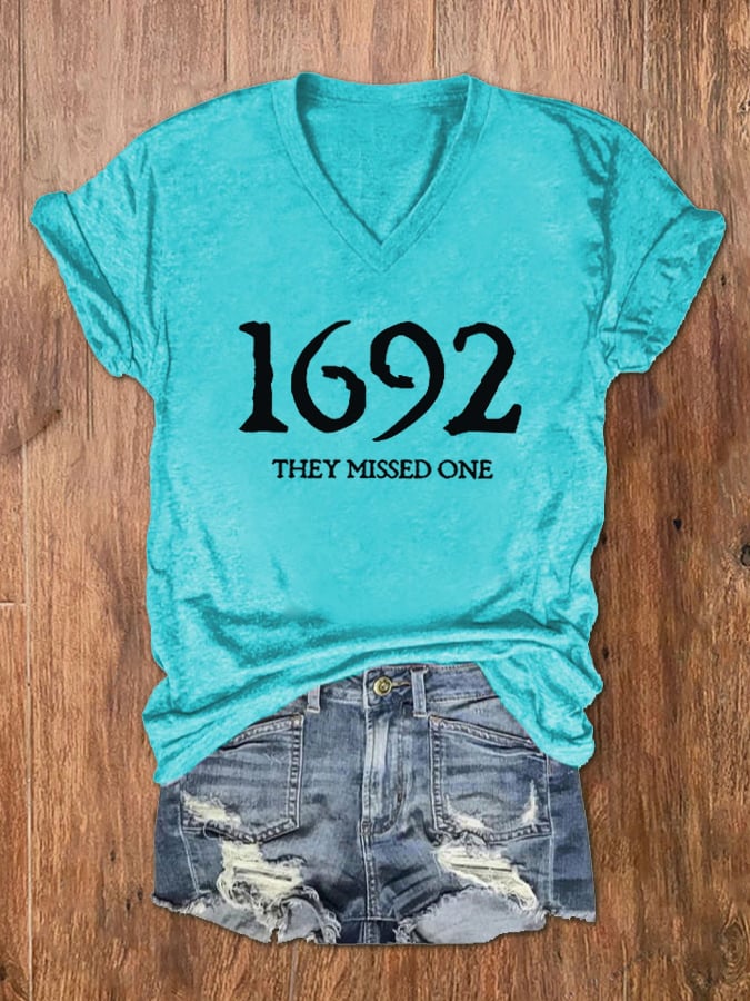 Women's 1692 They Missed One Salem Witch Print V-Neck T-Shirt