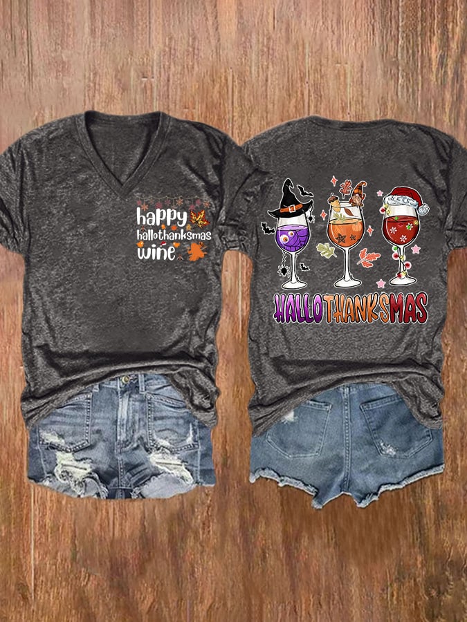 V-neck Happy Hallothanksmas Wine Glasses Witch Santa Pumpkin Double Sided T-Shirt