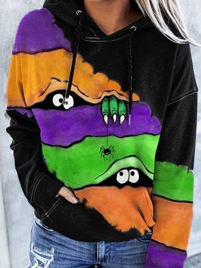 Women's Casual Halloween Peek Monster Print Hoodie