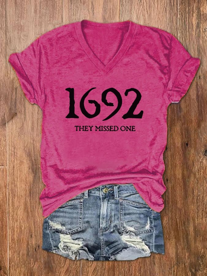 Women's 1692 They Missed One Salem Witch Print V-Neck T-Shirt