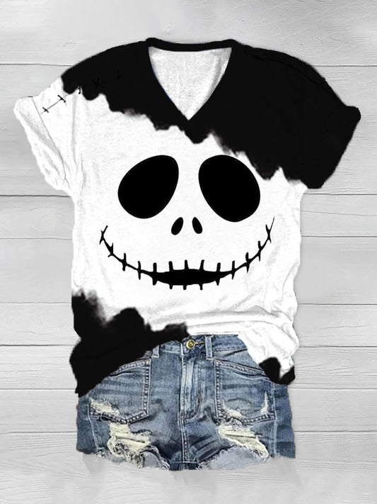 Women's Halloween Grimace Stitched Print V-Neck T-Shirt