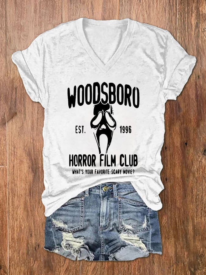 Women's Woodsboro Horror Film Club Scream Ghost Print V-Neck T-Shirt