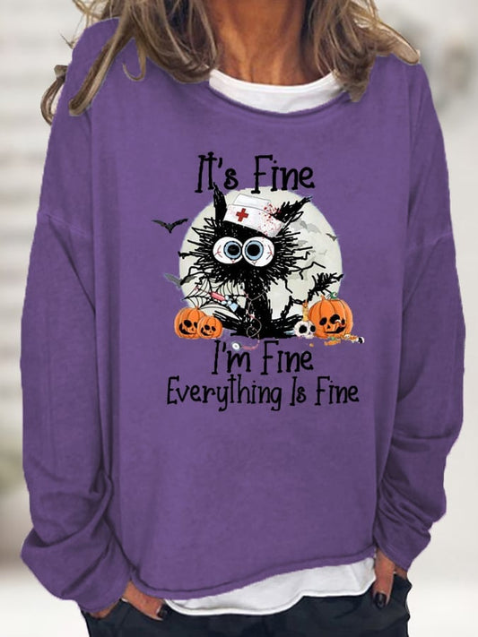 Women's Black Cat I’m Fine Pumpkin Light Casual Halloween Loose Sweatshirts