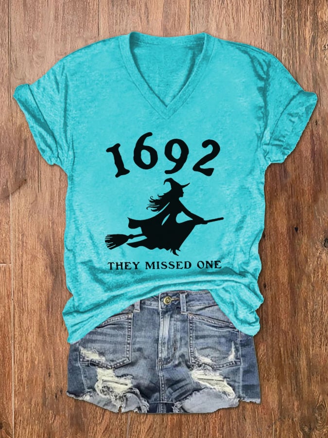 Women's 1692 Witch They Missed One Print V-Neck T-Shirt