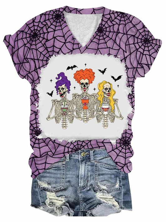 Women's Cool Halloween Salem Witch Print V-neck T-shirt